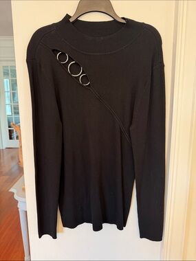 Women’s Black Long Sleeve Knit Top with Decorative Metal Rings- 2XL